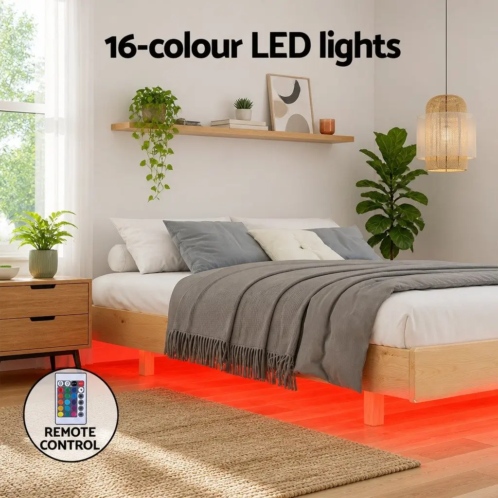 Double Bed Frame with LED Lighting in Pinewood