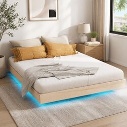 Queen Size Floating Bed Frame Wooden Platform Slats LED Lighting Bedroom