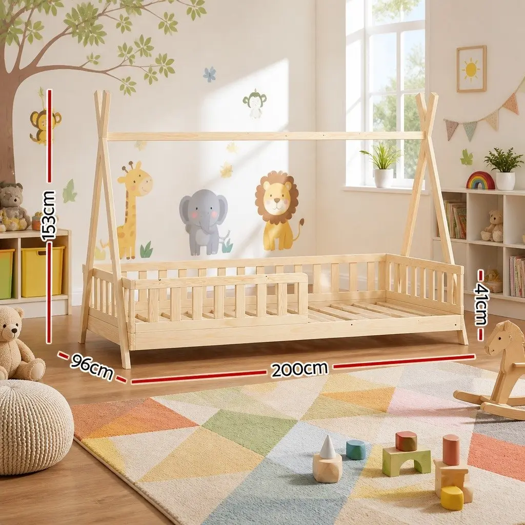 Kids House Bed Frame Single Wooden Pine Slat Bedroom Furniture Child Safe Design