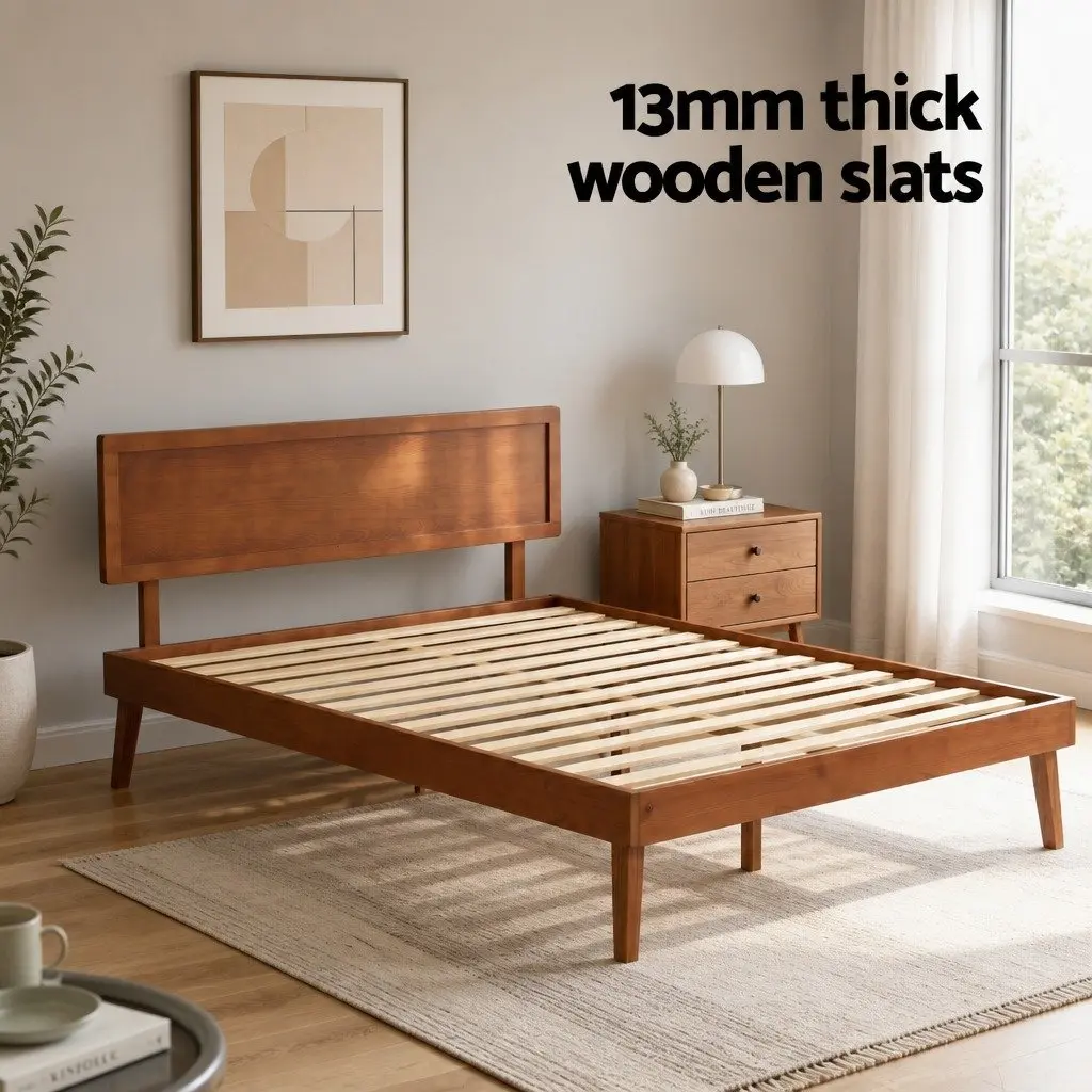 Queen Size Wooden Bed Frame Pinewood Slatted Base Walnut Colour Bedroom