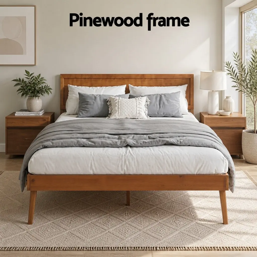 Queen Size Wooden Bed Frame Pinewood Slatted Base Walnut Colour Bedroom