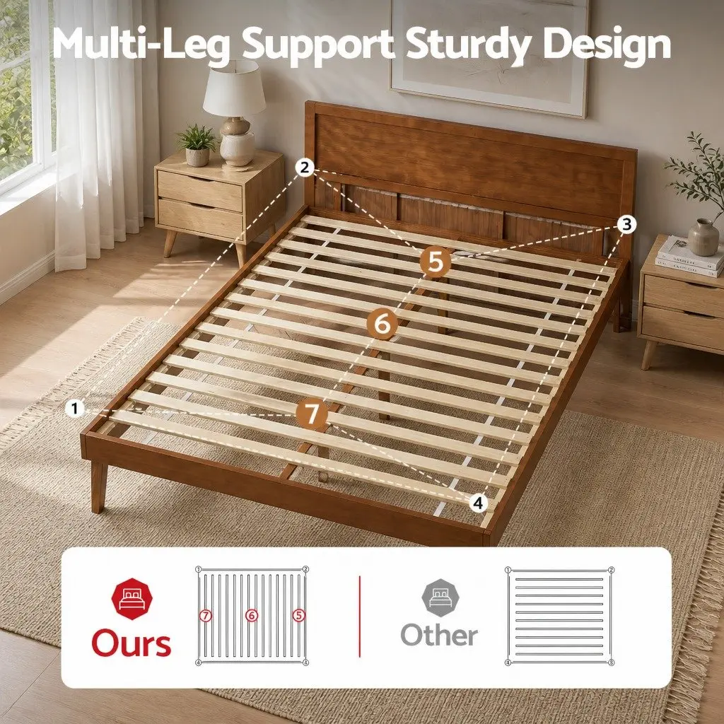 Single Bed Frame Wooden Slat Base Walnut Colour Modern Bedroom Furniture Easy