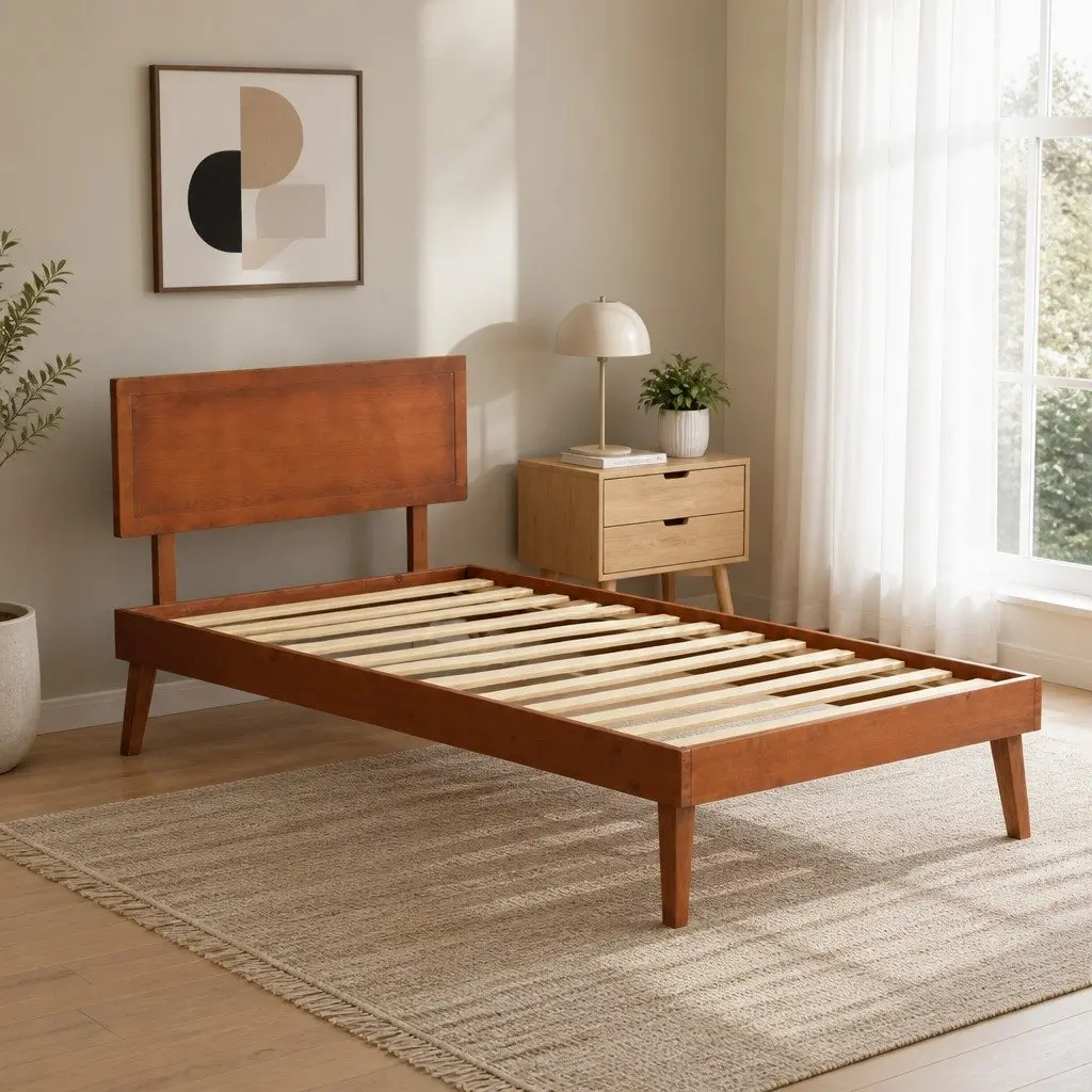 Single Bed Frame Wooden Slat Base Walnut Colour Modern Bedroom Furniture Easy