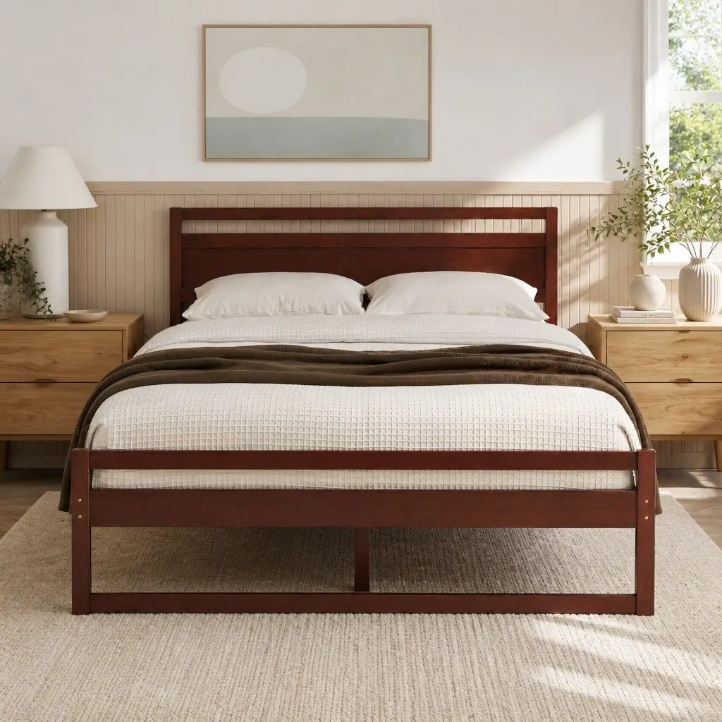 Double Bed Frame Wooden Walnut Flat Head Slatted Base Solid Pinewood
