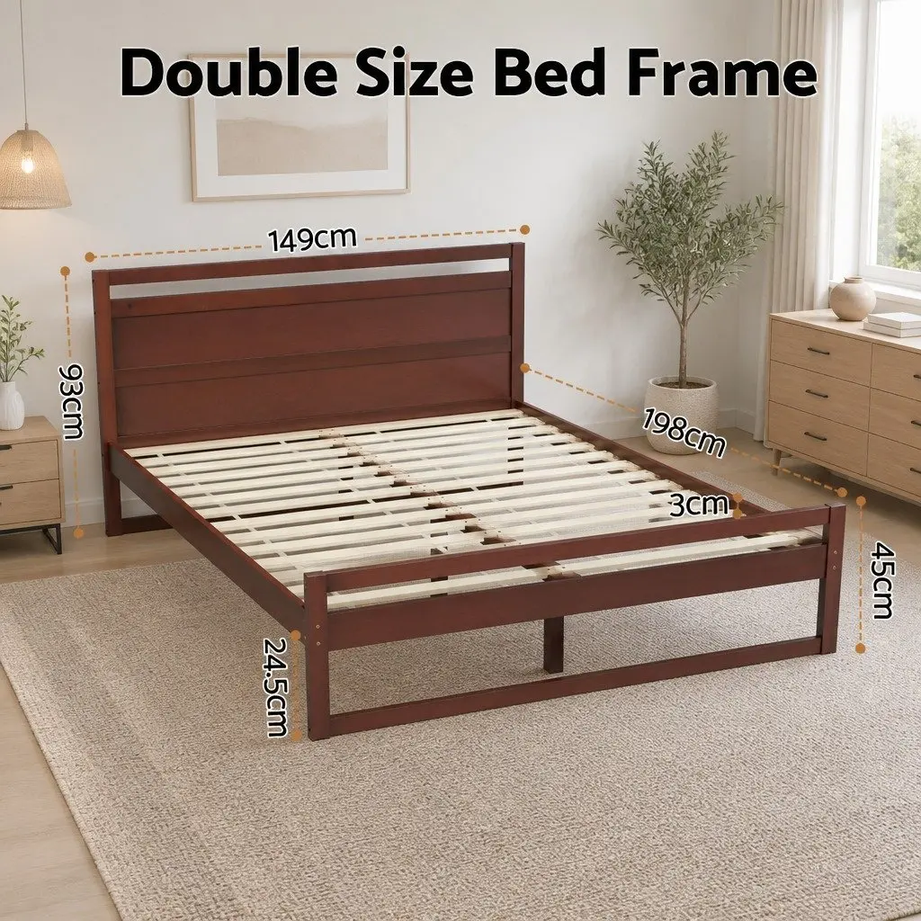 Double Bed Frame Wooden Walnut Flat Head Slatted Base Solid Pinewood