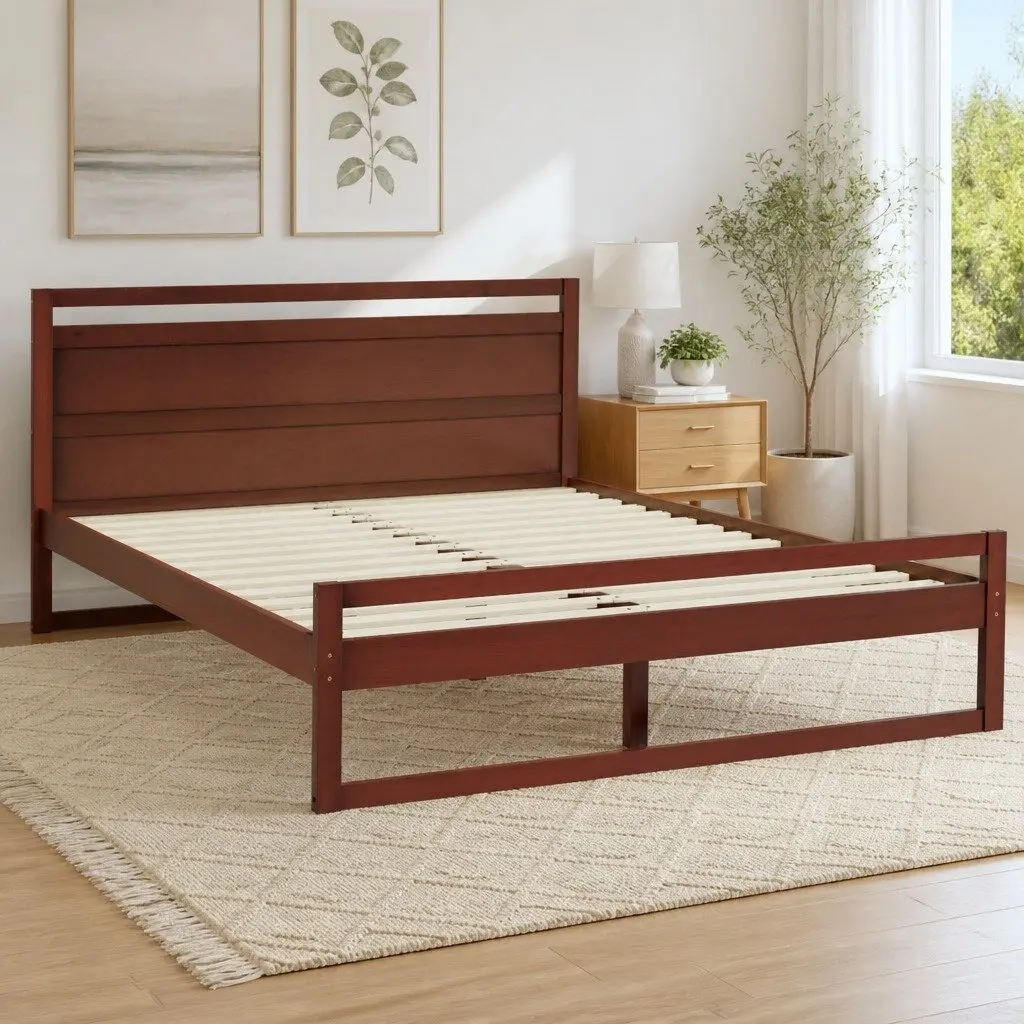 Double Bed Frame Wooden Walnut Flat Head Slatted Base Solid Pinewood
