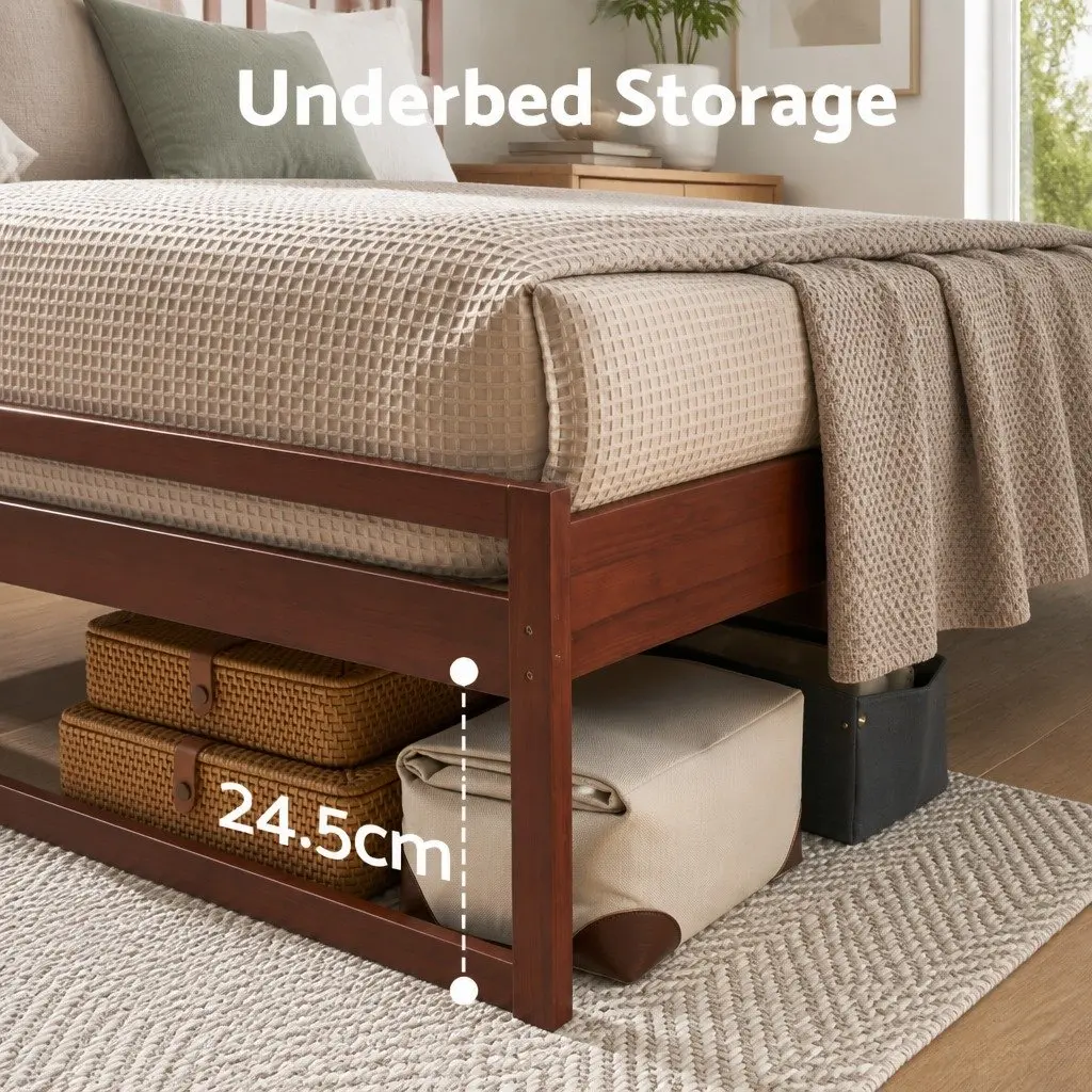Double Bed Frame Wooden Walnut Flat Head Slatted Base Solid Pinewood