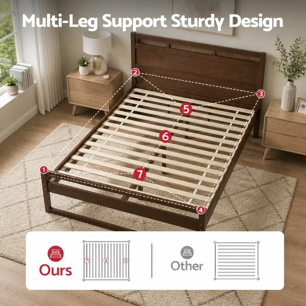 Double Bed Frame Wooden Walnut Flat Head Slatted Base Solid Pinewood