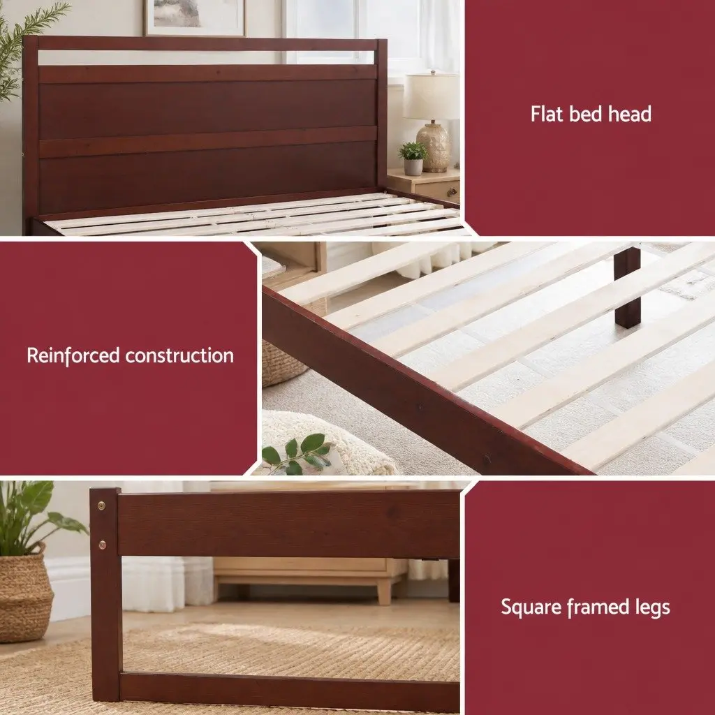 Double Bed Frame Wooden Walnut Flat Head Slatted Base Solid Pinewood