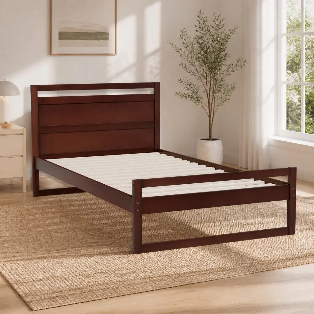 Wooden Bed Frame King Single Rustic Style Walnut Pinewood Slatted Base