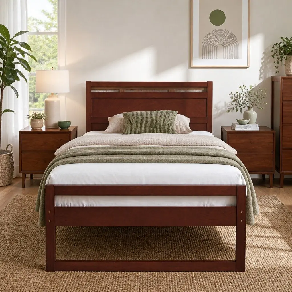 Wooden Bed Frame King Single Rustic Style Walnut Pinewood Slatted Base