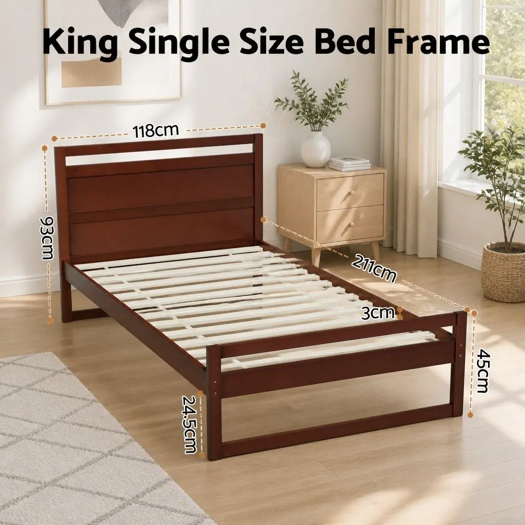 Wooden Bed Frame King Single Rustic Style Walnut Pinewood Slatted Base