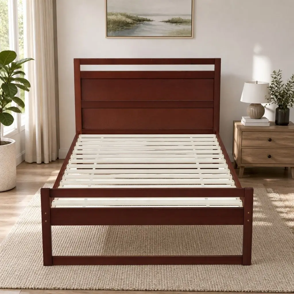 Wooden Bed Frame King Single Rustic Style Walnut Pinewood Slatted Base
