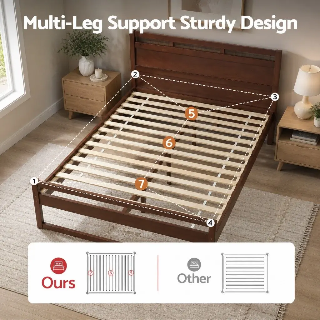 Wooden Bed Frame King Single Rustic Style Walnut Pinewood Slatted Base