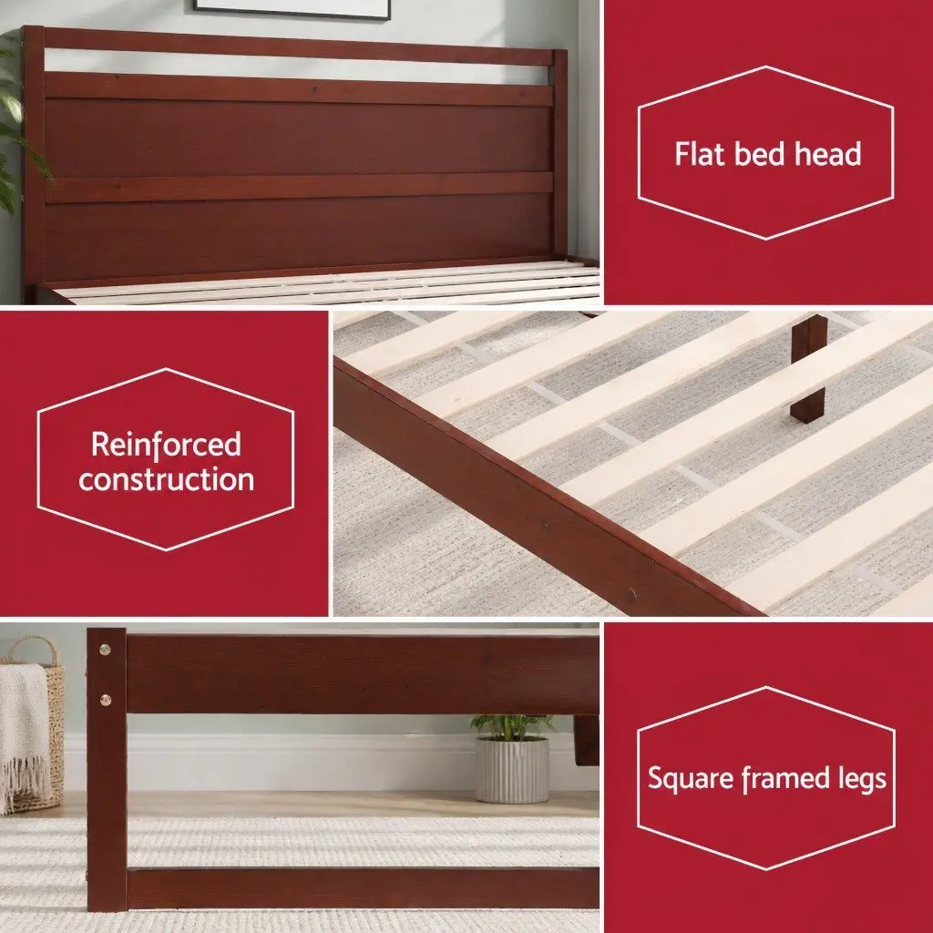 Wooden Bed Frame King Single Rustic Style Walnut Pinewood Slatted Base