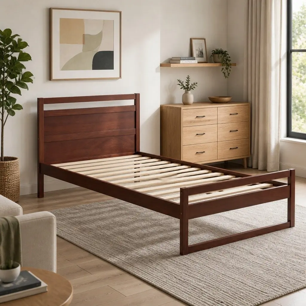 Wooden Bed Frame King Single Rustic Style Walnut Pinewood Slatted Base