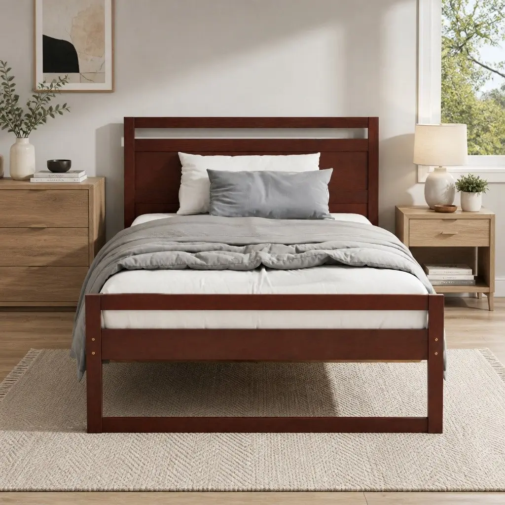 Wooden Bed Frame King Single Rustic Style Walnut Pinewood Slatted Base