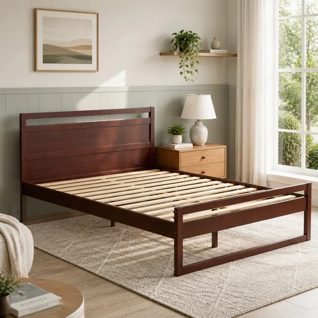 Queen Bed Frame Wooden Slats Flat Head Walnut Colour Modern Bedroom Furniture