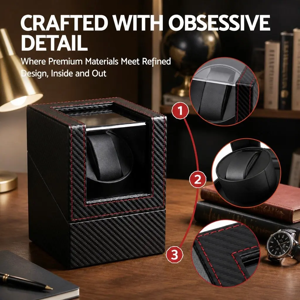 Watch Winder Box Automatic Single Quiet Motor Black Display Case 12.2 x 12.8 x 16 cm