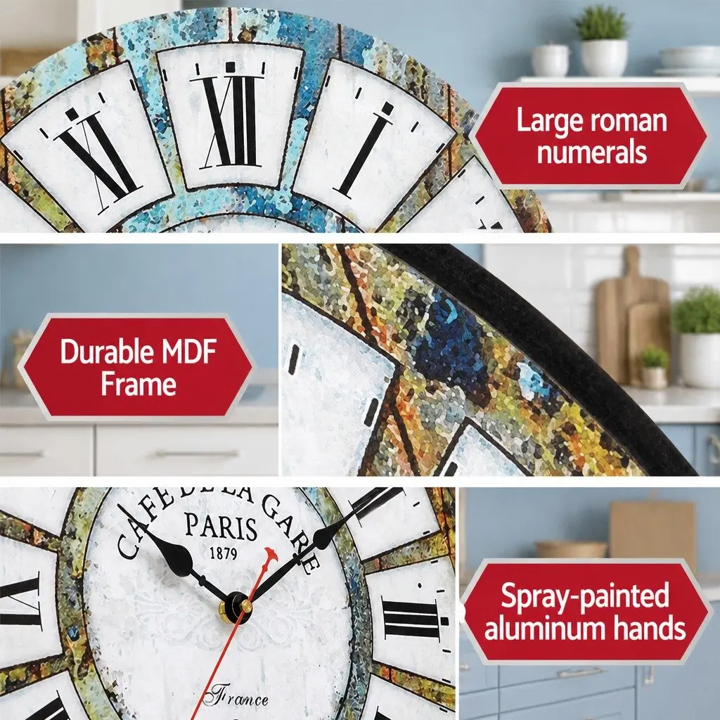 40cm Wall Clock Rustic Country Retro Design MDF Roman Numerals Home Decor