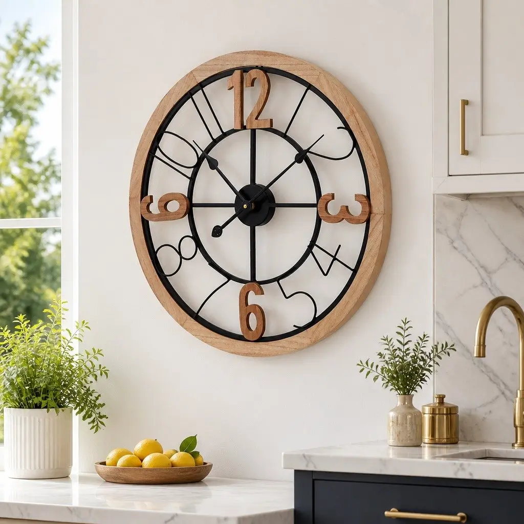 Metal and MDF Frame Wall Clock, 60cm Size, Black and Pine Colour, Clear Large Arabic Numerals