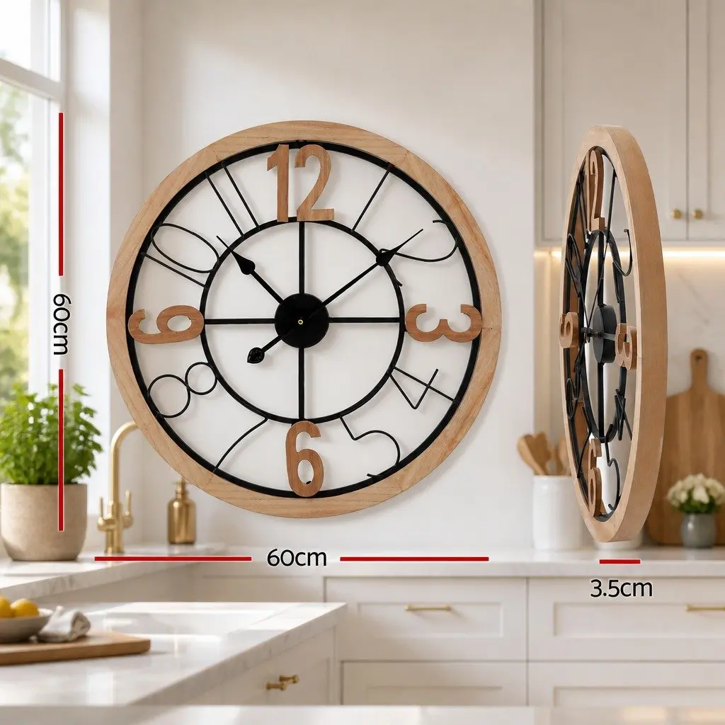 Metal and MDF Frame Wall Clock, 60cm Size, Black and Pine Colour, Clear Large Arabic Numerals
