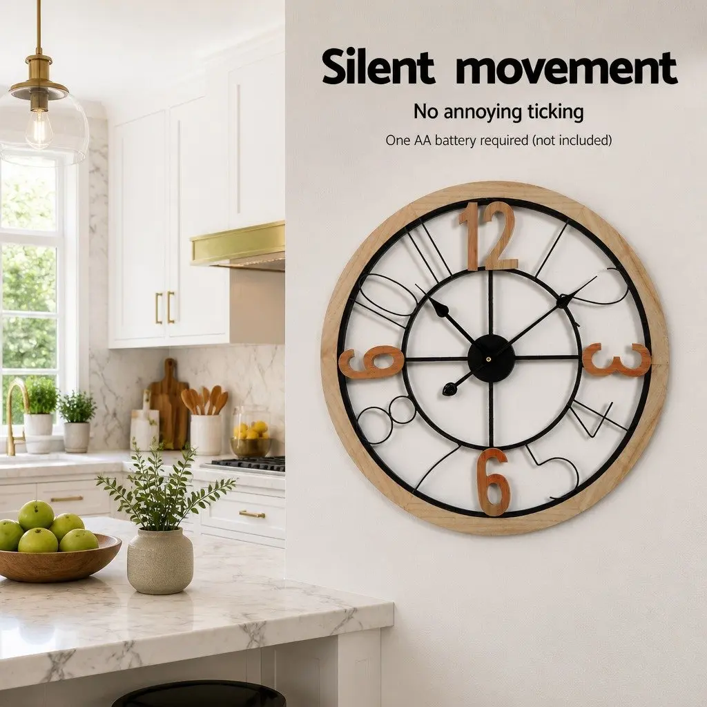 Metal and MDF Frame Wall Clock, 60cm Size, Black and Pine Colour, Clear Large Arabic Numerals