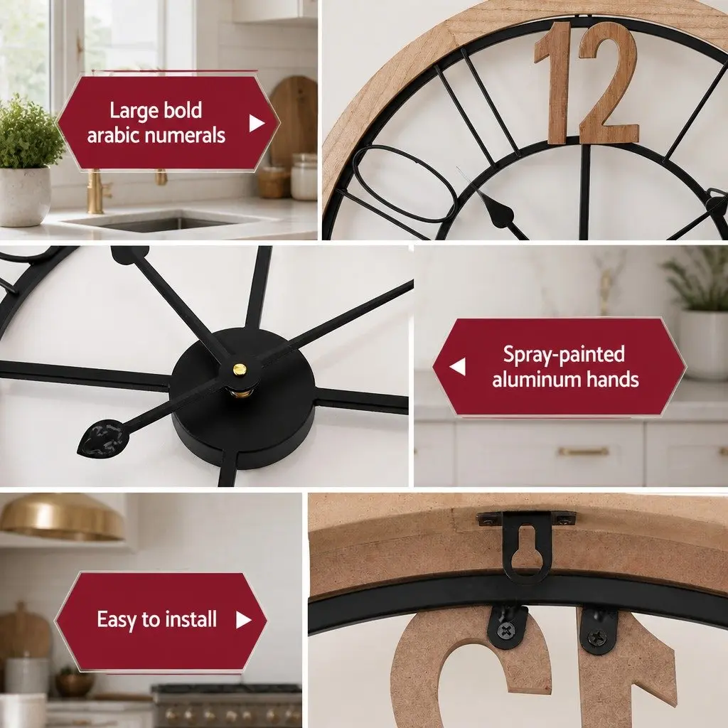 Metal and MDF Frame Wall Clock, 60cm Size, Black and Pine Colour, Clear Large Arabic Numerals