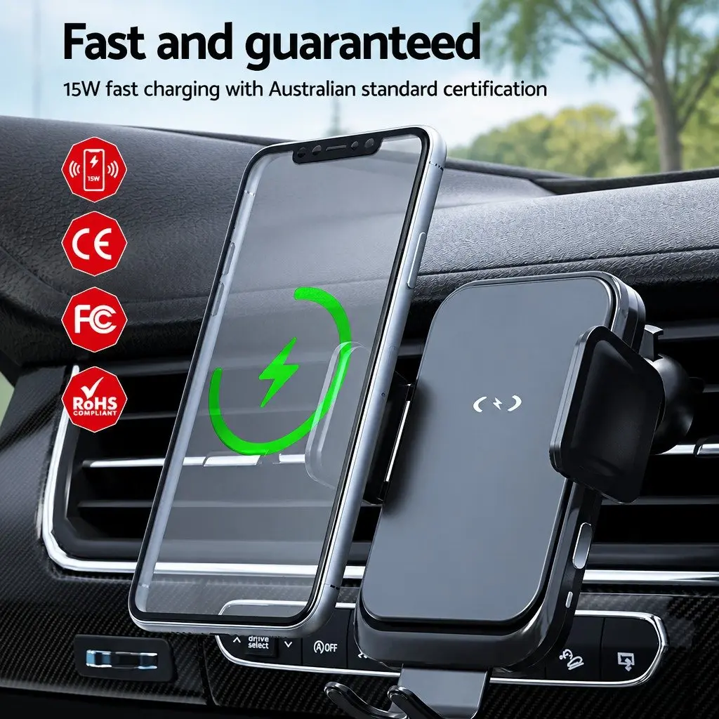 Wireless Charger Mount Fast Charging 15W Phone Holder Black Car Vent Suction Cup