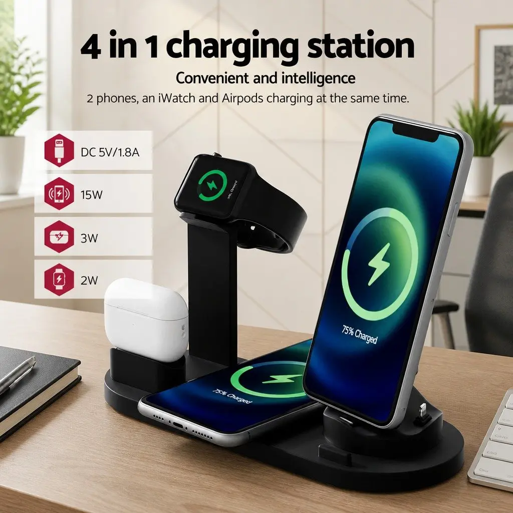4 in 1 Wireless Charging Station Multi-Device Dock for Phone iWatch Airpods Black
