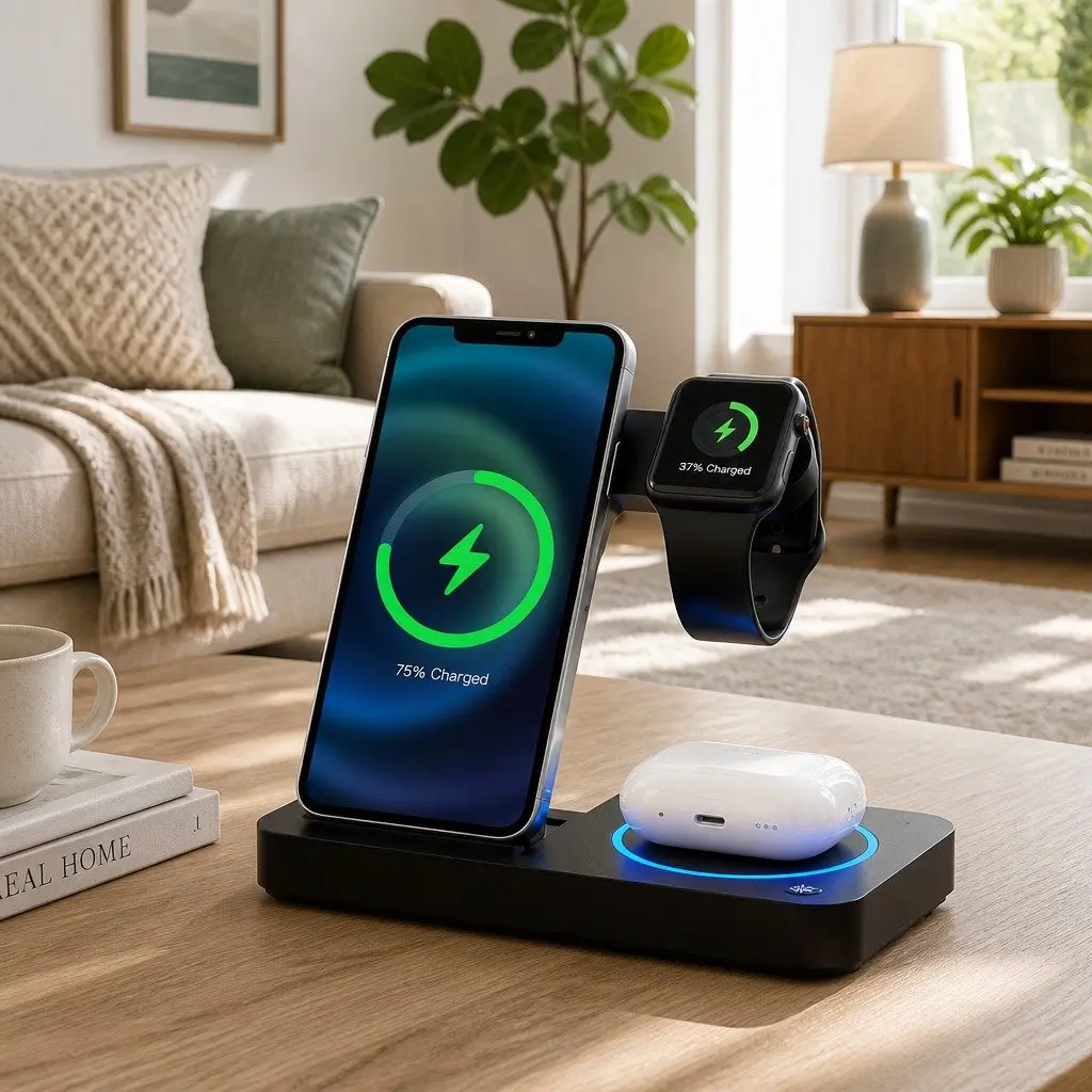 4-in-1 Wireless Charger Station Fast Charging Phone iWatch Airpods USB Black