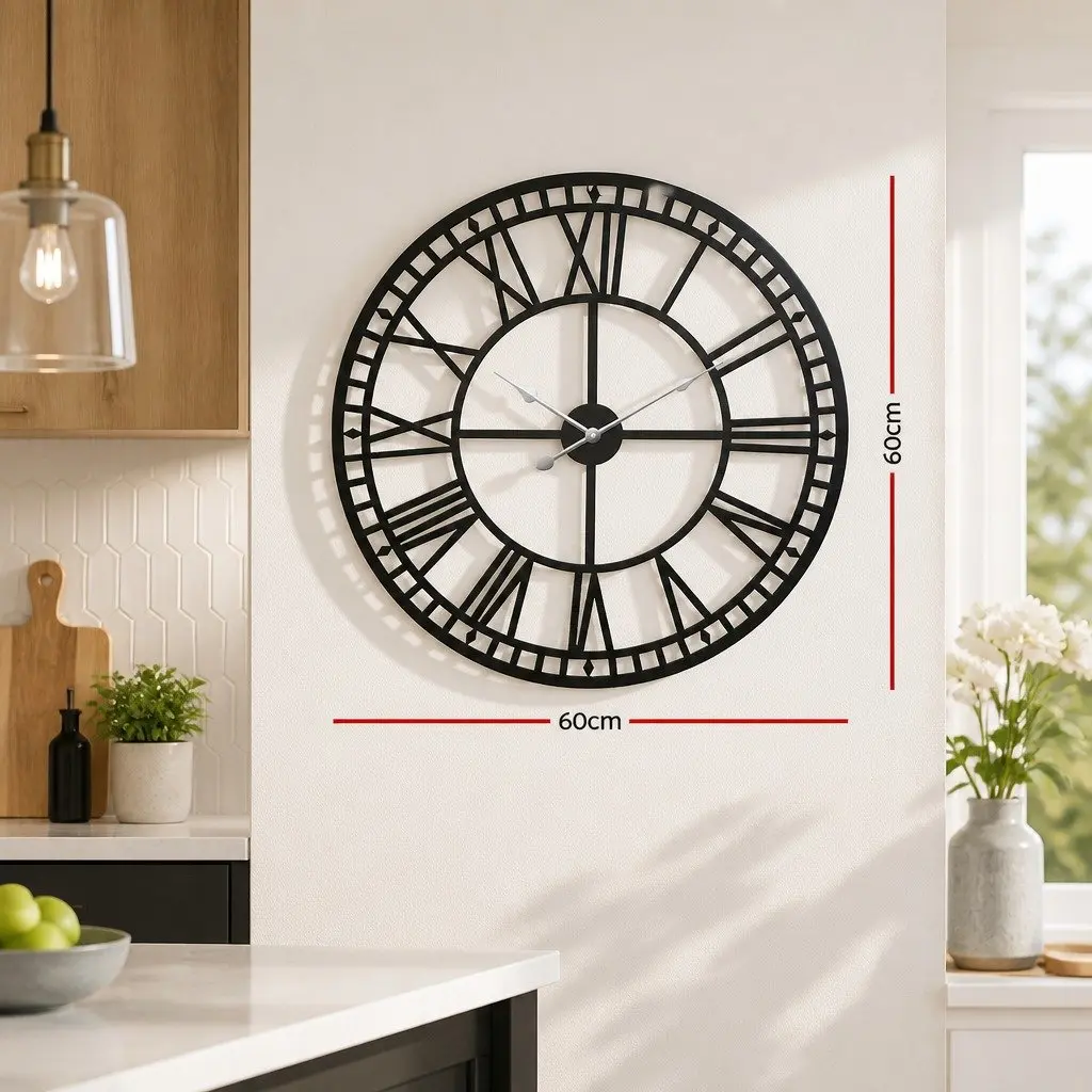 Wall Clock Northern European Style 60cm Black Metal Roman Numerals Home Decor