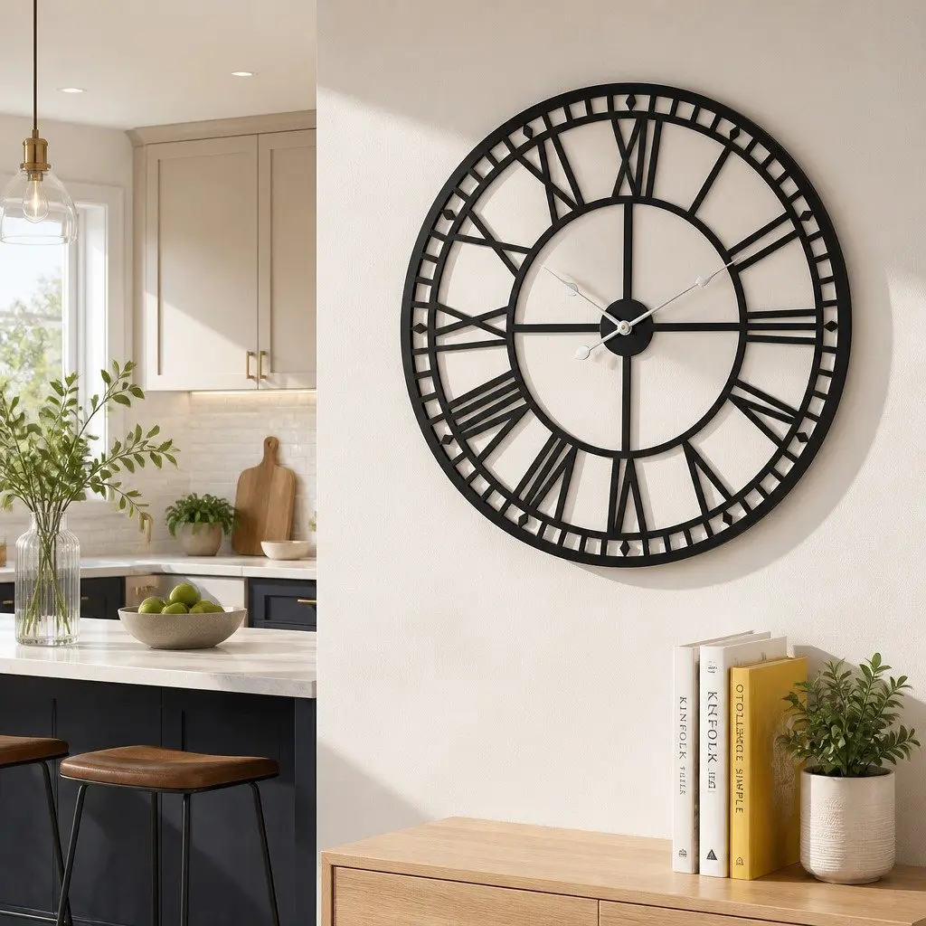 Wall Clock Northern European Style 60cm Black Metal Roman Numerals Home Decor