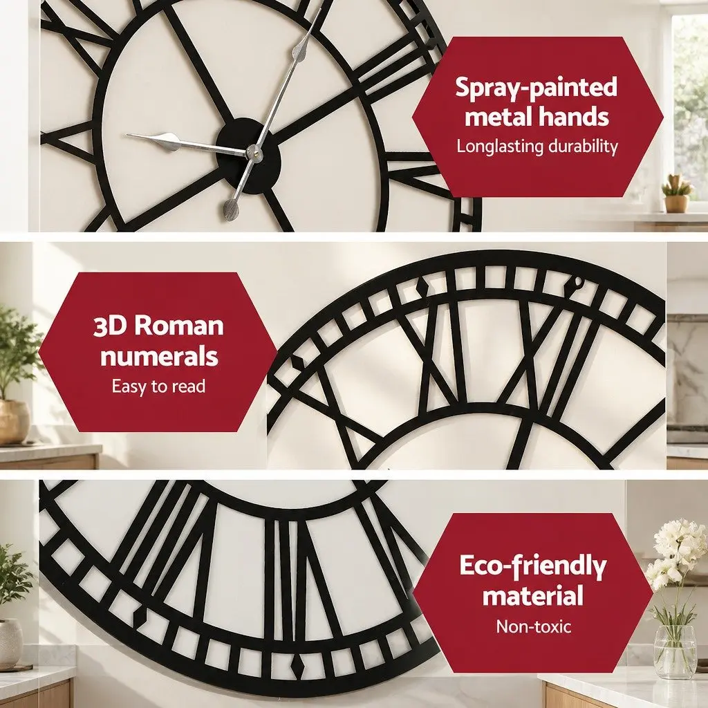 Wall Clock Northern European Style 60cm Black Metal Roman Numerals Home Decor