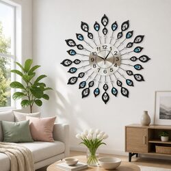 Large 3D Peacock Metal Wall Clock 60cm Home Decor Northern European Style