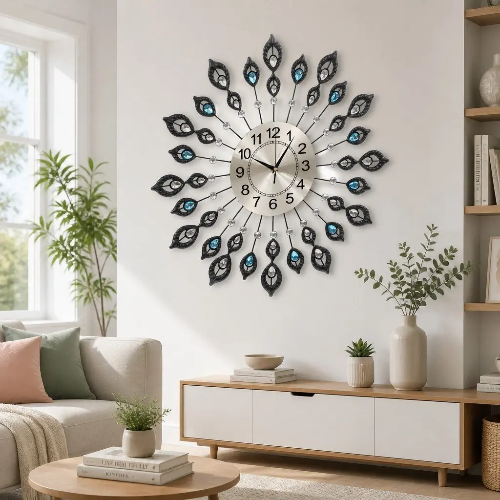 Large 3D Peacock Metal Wall Clock 60cm Home Decor Northern European Style