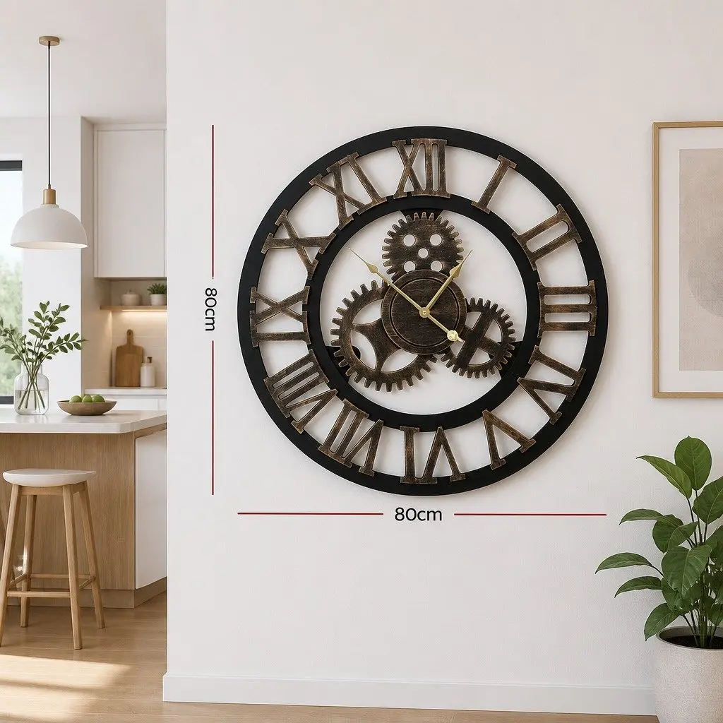 80cm Wall Clock Retro Roman Numerals Steampunk Design Large Home Decor Brown