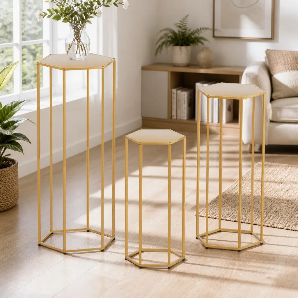 3-Piece Gold Hexagon Wedding Stand Set Metal Pedestal Backdrop Display Plinth