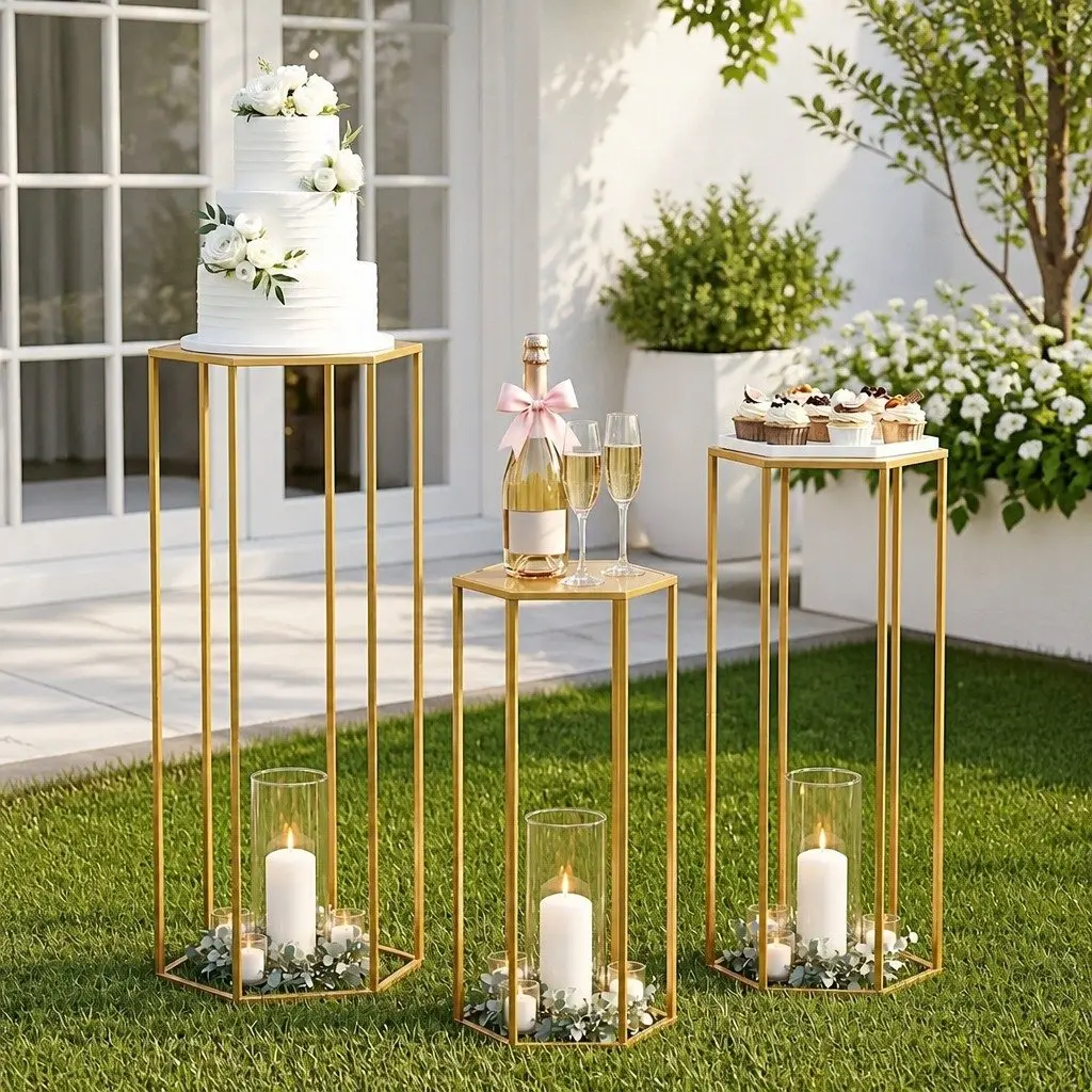 3-Piece Gold Hexagon Wedding Stand Set Metal Pedestal Backdrop Display Plinth