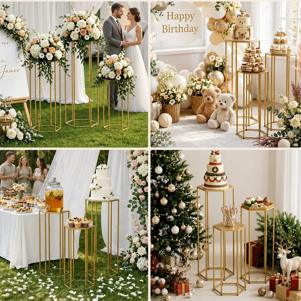 3-Piece Gold Hexagon Wedding Stand Set Metal Pedestal Backdrop Display Plinth