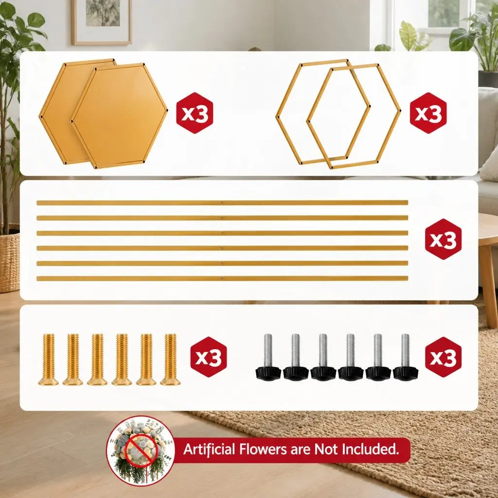 3-Piece Gold Hexagon Wedding Stand Set Metal Pedestal Backdrop Display Plinth