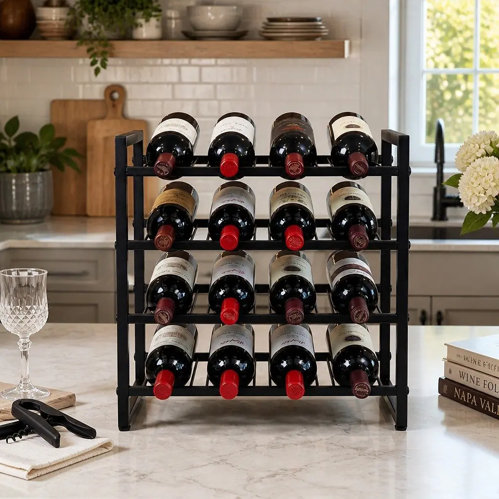 Wine Rack 16 Bottle Metal Storage Display Organizer 4-Tier Black