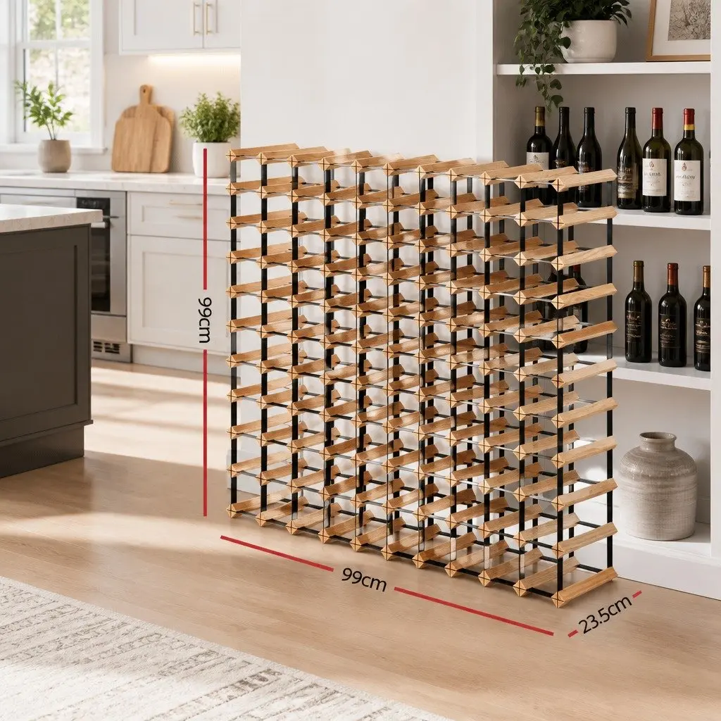 Wine Rack Storage Holder 110 Bottle Pine Wood Steel Frame Natural
