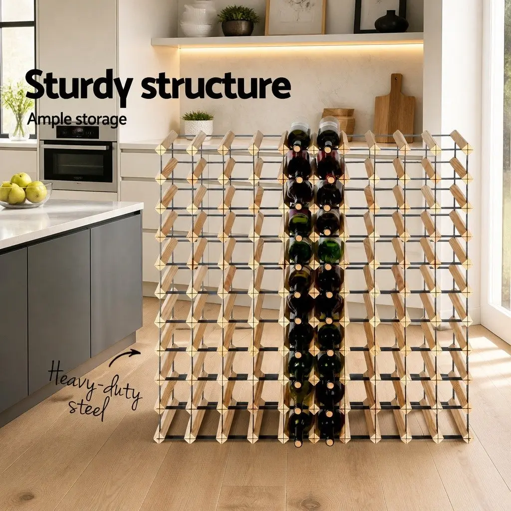 Wine Rack Storage Holder 110 Bottle Pine Wood Steel Frame Natural