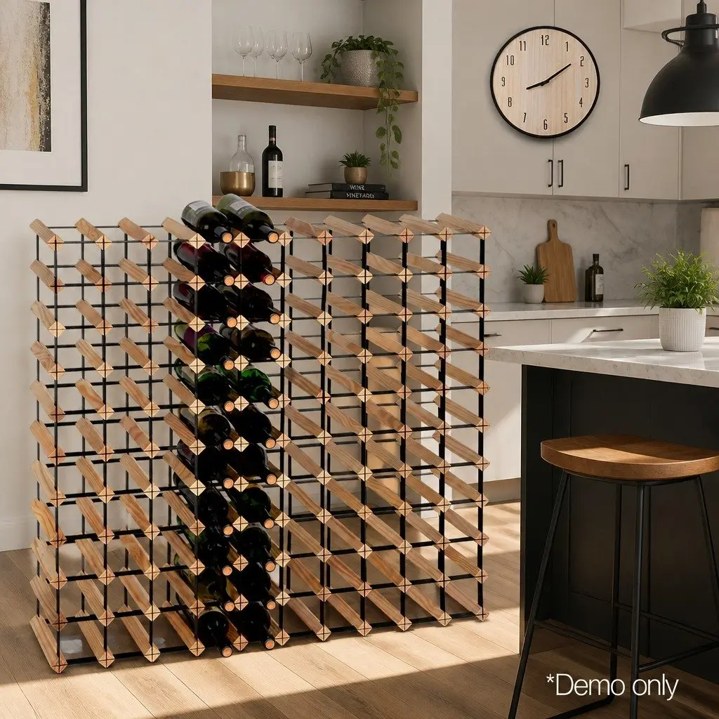 Wine Rack Storage Holder 110 Bottle Pine Wood Steel Frame Natural