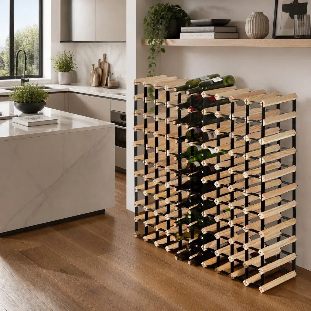 Wine Rack Storage Holder 110 Bottle Pine Wood Steel Frame Natural