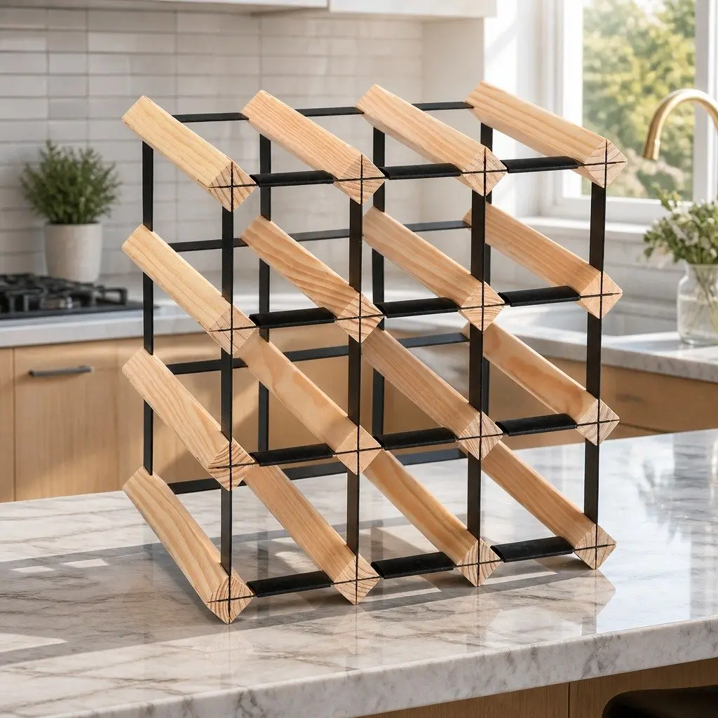 12 Bottle Pine Wood and Steel Rack