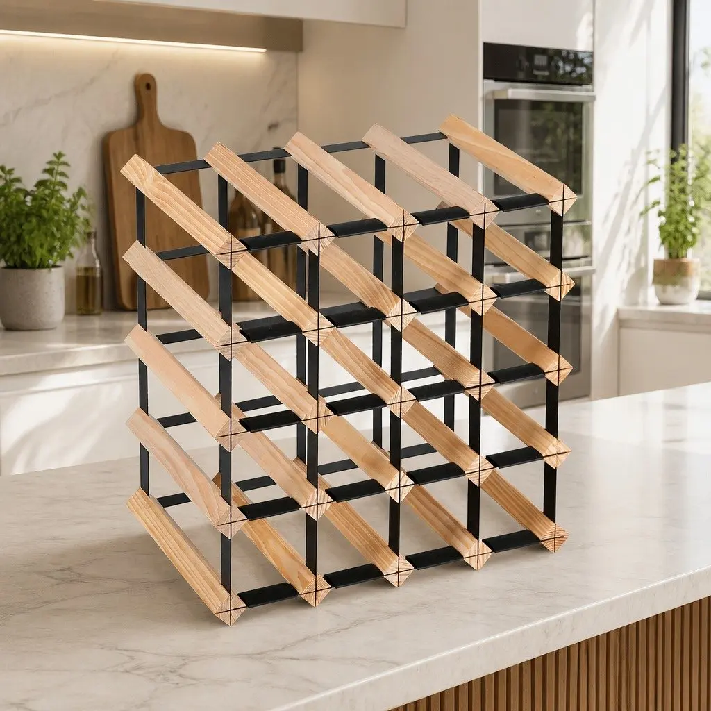 Wine Rack for 20 Bottles with Pine and Steel Build