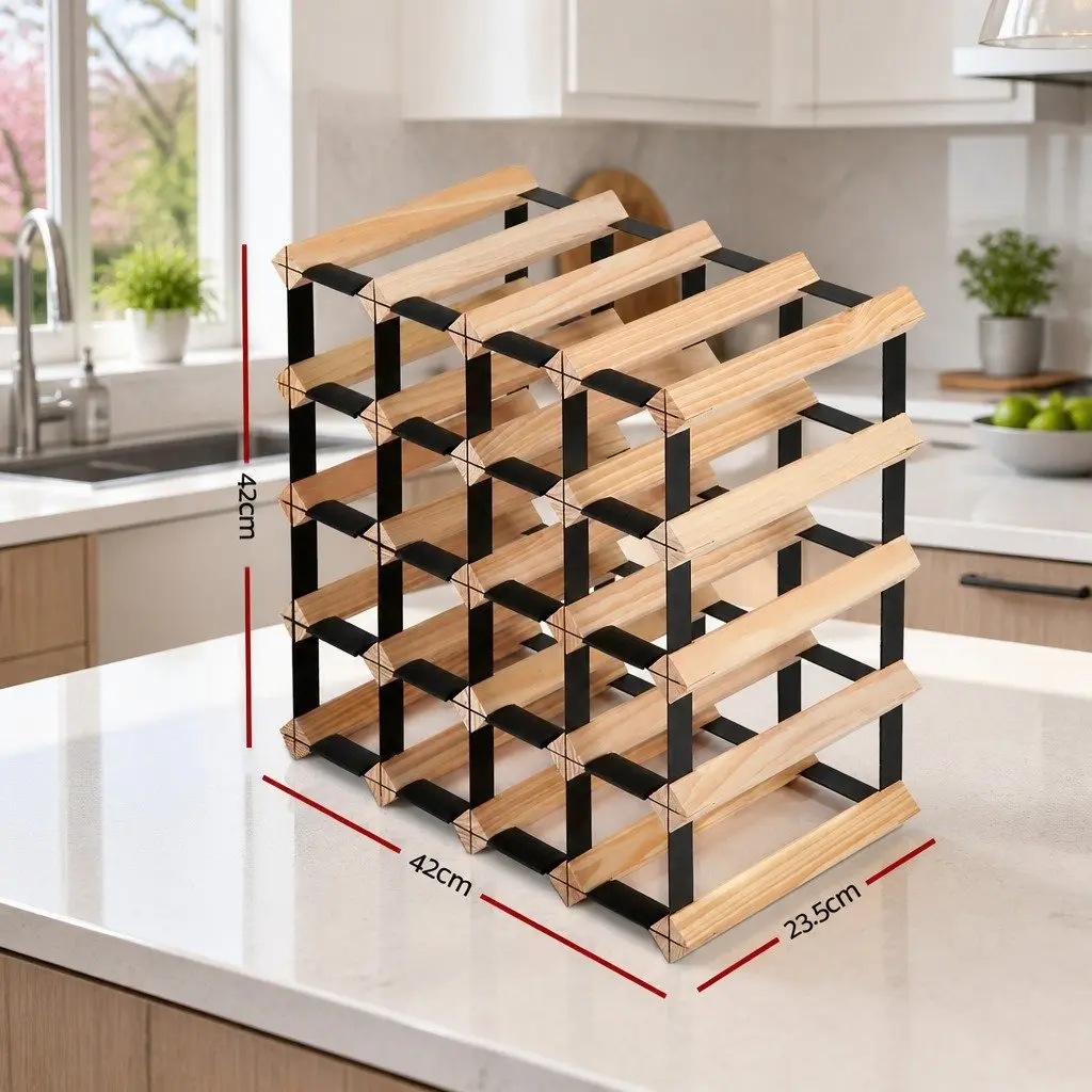 Wine Rack Storage Display Organiser 20 Bottle Pine Wood Steel Frame Natural