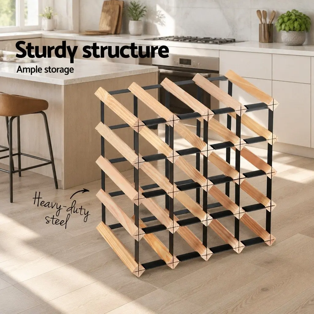 Wine Rack Storage Display Organiser 20 Bottle Pine Wood Steel Frame Natural